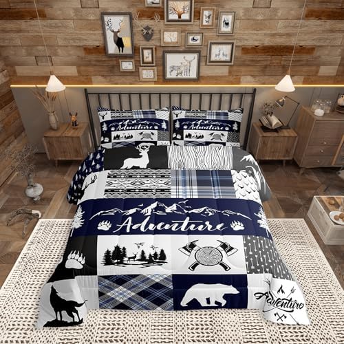 Castle Fairy Deer Bear Comforter Set Twin Size,Rustic Farmhouse Wildlife Patchwork Blue Bedding Set for Kids Boys Men,Camping Cabin Decor Boho Aztec Tribal Quilted Duvet Set with 1 Pillowcase by CastleFairy