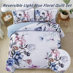 Drucon Floral Quilt Set King 3 Pieces Light Blue Floral Quilt Coverlet Set - Image 4