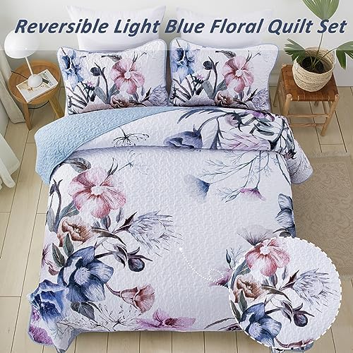 Drucon Floral Quilt Set King 3 Pieces Light Blue Floral Quilt Coverlet Set - Image 4