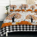 BlessLiving King Quilt Halloween Fall Bedding with Black Gray Plaid Pumpkin by BlessLiving