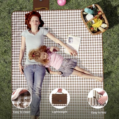 HX&OD Picnic Blanket Outdoor Extra Large Picnic Mat 80"X60" Camping Blanket Beach Blanket Foldable Waterproof Sand Mat Hiking Travel Family Concerts(Brown) (Pack of 2) - Image 5