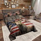 American Flag Deer Comforter Set Twin Size, Kids Boys Room Decor Brown Wildlife Animal and Trees Theme Bedding Comforters, Colorful USA Flag Print Natural Duvet Set with 1 Pillowcase, Soft - Image 3