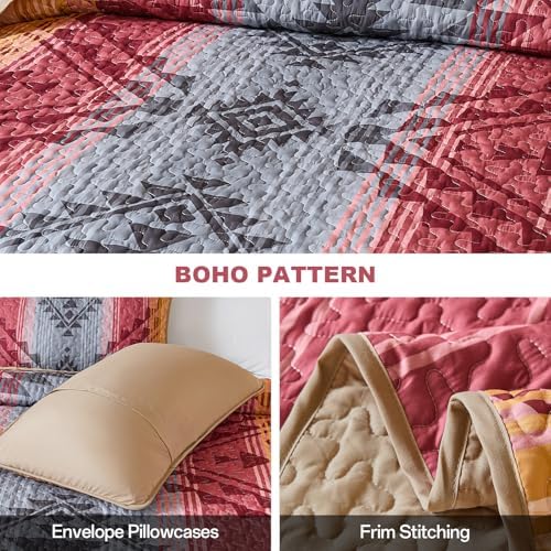 Dintszyayue Bohemian Quilt Set King, 3 Pcs Red Aztec Parttern Bedspread - Image 3