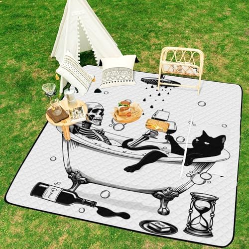 Gothic Black Cat Skull Extra Large Picnic Blankets Waterproof Foldable Beach Blanket Waterproof Sandproof Outdoor Packable Camping Blanket with Zip 79"x79" - Image 6