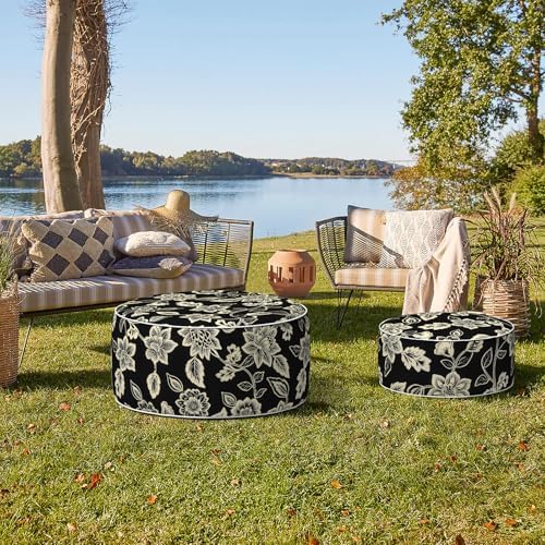 Indoor/Outdoor Inflatable Ottoman, Water Repellent Round Foot Rest Ottomans D31 x H14 inch, Portable Footstool for Patio Garden Camping or Home, Elegant Vines Black - Image 3