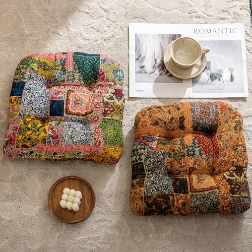 vctops 2 Pack Boho Paisley Chair Cushions with Ties Patchwork U-Shaped Soft Cozy Cotton Linen Chair Pads Non Slip Seat Cushions for Indoor Dining Room and Kitchen Chairs (Pink A,16"x16") - Image 6