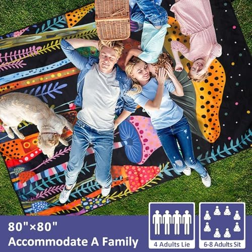 Mushroom Picnic Blankets Waterproof Foldable Picnic Outdoor Blanket 80"x 80" Picnic Mat 3-Layer Thicking Outdoor Foldable Blankets Sandproof Lightweight Beach Blankets with Strap Machine Washable - Image 4