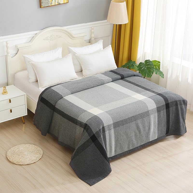 Thick Warm Wool Blanket,500GSM Heavyweight Blanket,100% Pure Australian Wool,Large Suitable for Double Bed and Camping,Queen Size/Double Size(Gray Plaid, 90x80In) by Unknown