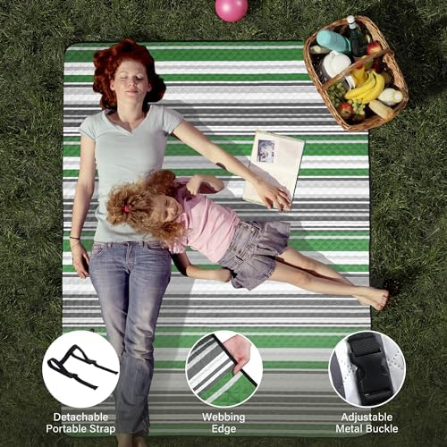 HX&OD Extra Large Picnic Blanket Outdoor 80”x80” Waterproof Picnic Mat Foldable 3-Layer Camping Blanket Portable with Carry Strap Park Blanket for Grass(Green) - Image 6