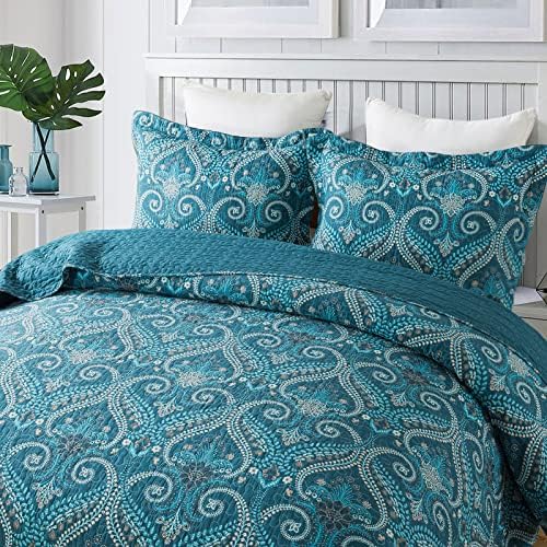 NEWLAKE Cotton Bedspread Quilt Sets-Reversible Patchwork Coverlet Set, Turquoise Classic Royal Pattern, King Size - Image 2