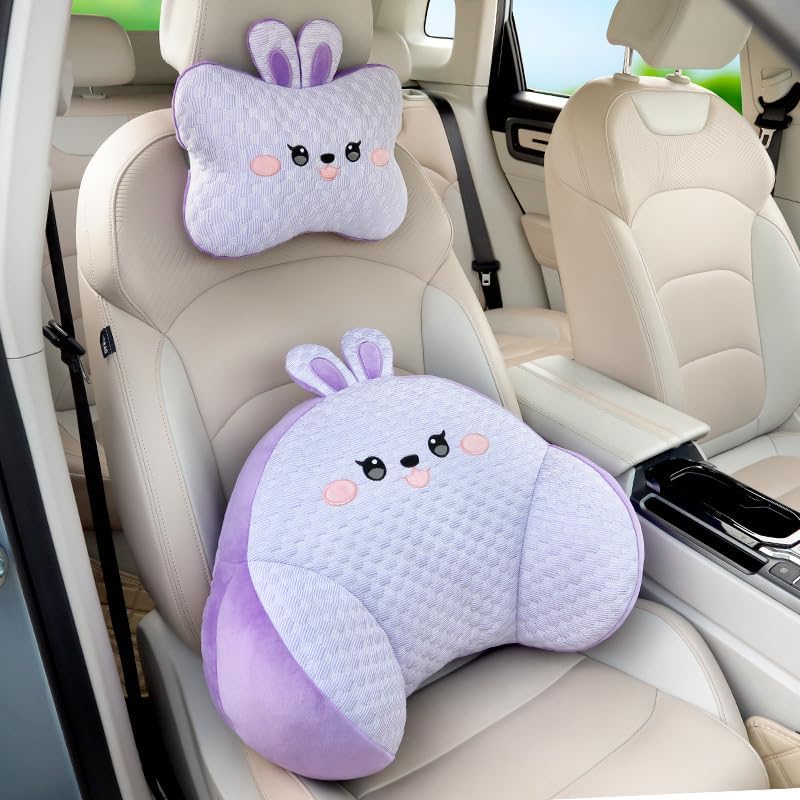 Car Neck Pillow and Lumbar Support Set, Cute Animal Soft Plush Ergonomic Back Cushion for Driving, Travel Seat Headrest Pillow(Set of 2) (Rabbit) by Unknown