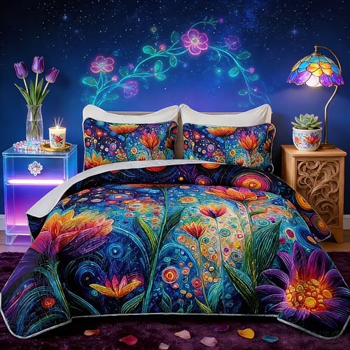 HOSIMA Colorful Dreamy Hippie Boho Floral Quilt Queen with 2 Pillowcases. by HOSIMA