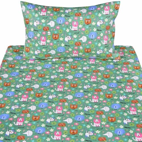 Scientific Sleep Cats Dogs Puppy Green Funny Free & Easy Vibrant Happy Fun 100% Cotton Cozy Twin Bed Sheet Set, Flat Sheet & Fitted Sheet & Pillowcase Boys Girls Kids Bedding Set - Image 3