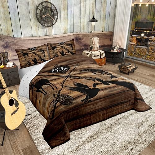 Retro Hunt Fish Comforter Set Twin Size,Retro Farm Wooden Board Quilt Set for Kids Boys Bedroom Collection,Deer Bird Fish Animal Hunting Polyester Bedding with 1 Pillowcase,2Pcs - Image 3