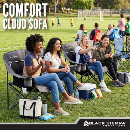 Black Sierra Double Loveseat Comfort Camping Couch, Oversized Folding Chair for Adults, 600‑lb Capacity, Plush Padded Heavy Duty Outdoor Seat with Cup Holders & Carry Bag for Beach, RV - Image 2