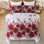 Yiran Red Floral Quilt Set King Size Rose Spring Bedspreads Bedding Set - Image 3