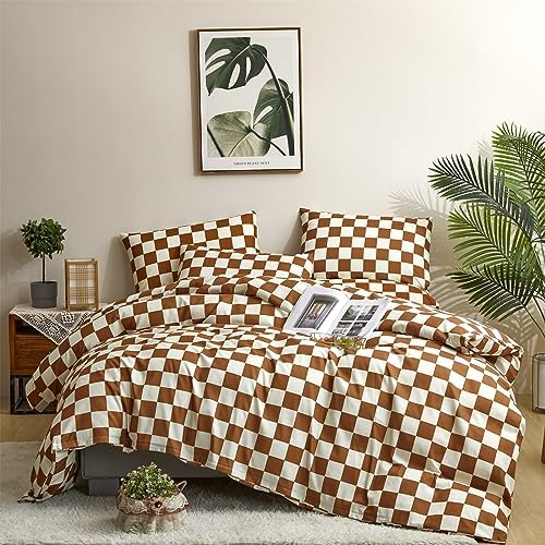 Luxlovery Brown and White Plaid Comforter Set Full Cream Brown Checker Bedding Comforter Rust Brown Abstract Buffalo Blanket Quilts Geometric Soft Cozy Chessboard Grid Bedding Comforter Set - Image 5