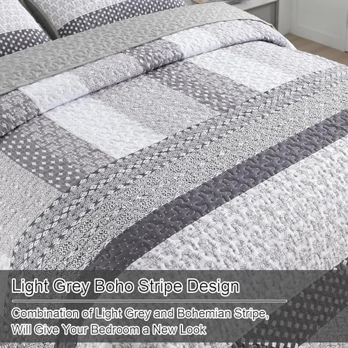 WONGS BEDDING Grey Full Size Quilt Set, Bohemian Striped Bedspreads - Image 6