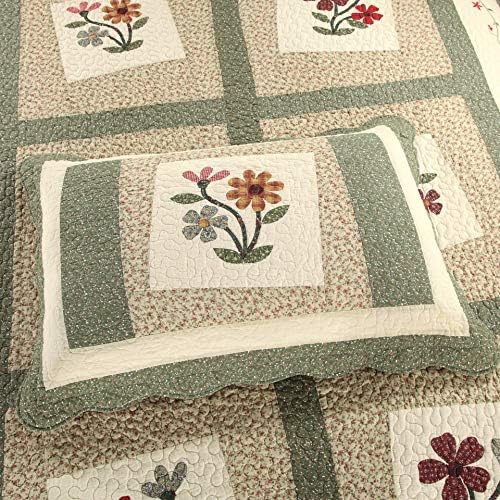 vctops Farmhouse Green 2 Piece Embroidered Floral Quilted Bedspread Quilt Set 100% Cotton Reversible Patchwork Coverlet Set 1 Quilt and 1 Pillow Sham (Green,Twin) - Image 4