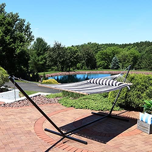 Sunnydaze Quilted Double Hammock for Outside with Pillow, Black and White - Image 2