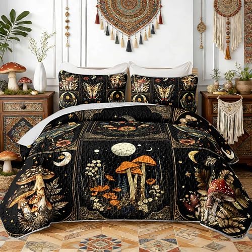 HOSIMA Boho Butterfly Mushroom Patchwork Quilt Queen with 2 Pillowcases. by HOSIMA