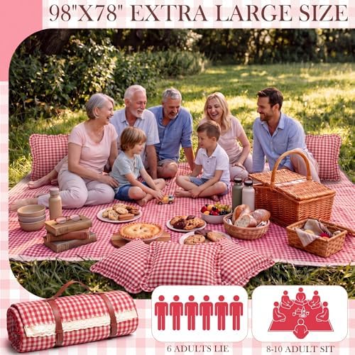 Boao Extra Large Picnic Blanket, 98" x 78" Red Gingham Picnic Blanket Set - Image 4