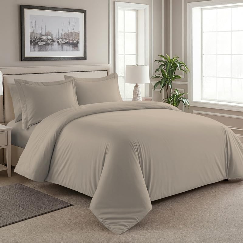 Pizuna 100% Cotton Queen Duvet Cover Set 600 Thread Count, Simply Taupe - Image 2