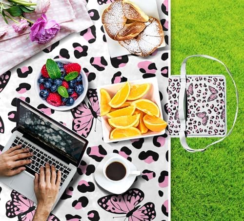 MNSRUU Picnic Blanket Waterproof Foldable, Pink Leopard Butterfly Large Outdoor Picnic Beach Camping Blanket Travel Mat, Shoulder Strap Tote, Rectangle 57x59in - Image 4