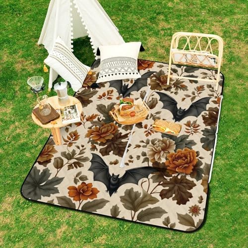 Halloween Bat Floral Extra Large Picnic Blankets Waterproof Foldable Beach Blanket Waterproof Sandproof Outdoor Packable Camping Blanket with Zip 59"x39" - Image 6