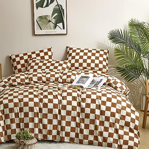 Luxlovery Brown and White Plaid Comforter Set Full Cream Brown Checker Bedding Comforter Rust Brown Abstract Buffalo Blanket Quilts Geometric Soft Cozy Chessboard Grid Bedding Comforter Set - Image 2