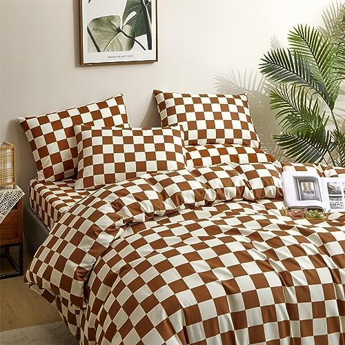 Luxlovery Brown and White Plaid Comforter Set Full Cream Brown Checker Bedding Comforter Rust Brown Abstract Buffalo Blanket Quilts Geometric Soft Cozy Chessboard Grid Bedding Comforter Set - Image 4