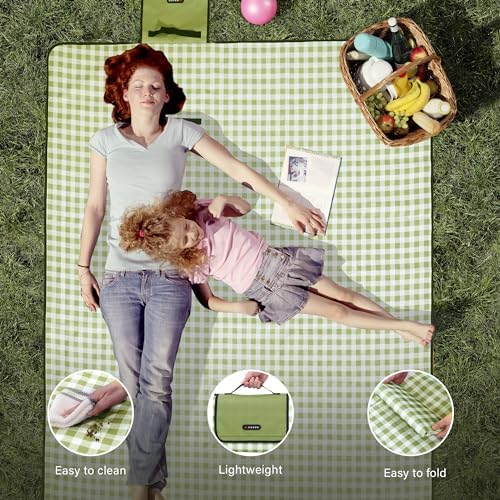 HX&OD Picnic Blanket Outdoor Extra Large Picnic Mat 80"X60" Camping Blanket Beach Blanket Foldable Waterproof Sand Mat Hiking Travel Family Concerts(Green) (Pack of 2) - Image 6