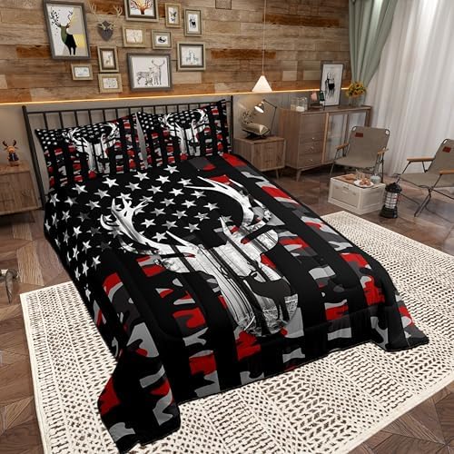 Camo American Flag Full Size Comforter Sets for Kids,Deer Antlers Red Camouflage Bedding Flags for Room Teens,Wild Animal Hunting Farm Branches Leaves Stars Stripes USA Flag Down Comforter - Image 2