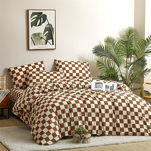 Luxlovery Brown and White Plaid Comforter Set Full Cream Brown Checker Bedding Comforter Rust Brown Abstract Buffalo Blanket Quilts Geometric Soft Cozy Chessboard Grid Bedding Comforter Set - Image 3