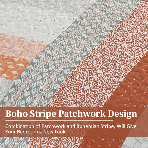 WONGS BEDDING Boho Quilt Set Queen, Stripe Bedspread Sets, Burnt Orange - Image 6