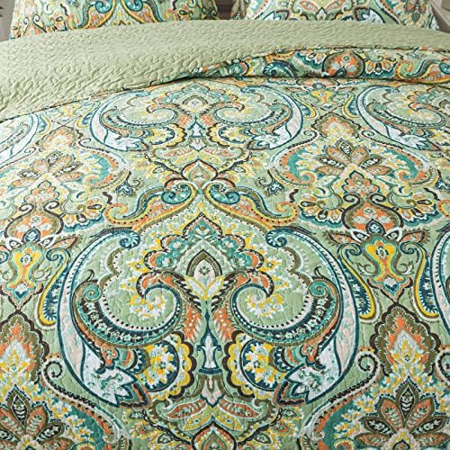 NEWLAKE Cotton Bedspread Quilt Sets-Reversible Patchwork Coverlet Set, European Green Floral Pattern, Queen Size - Image 4