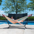 Vivere Double Cotton Hammock with Space Saving Steel Stand, Upgraded Polyester End Strings 450 lb Capacity - Premium Carry Bag Included - USA Grown Cotton (Salsa) - Image 6