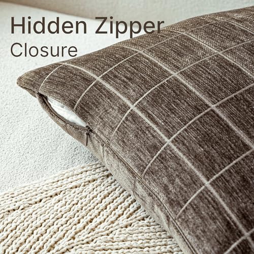 Decorative Chenille Plaid Throw Pillow Covers Taupe Grey 26x26 Set of 2 - Image 2