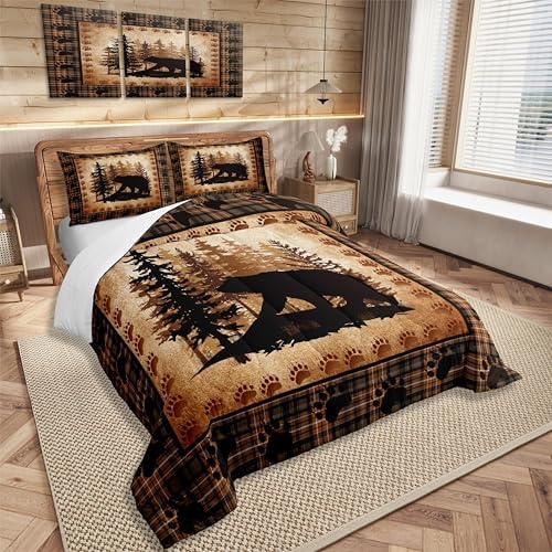 Castle Fairy Bear Print Full Size Comforter Set,Wild Animal Hunt Pine Trees Retro Bedding Comforters Bedroom Collection,Rustic Grid Plaid Cabin Decor Bedding Set for Girls Teens - Image 3
