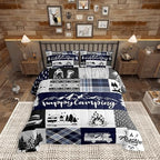 Camping Adventure Comforter Set King Size,RV Camper Accessories for Travel Trailers Bedding Set All Season Quilt Set,Rustic Blue Plaid Boho Aztec Exotic Microfiber Polyester Down Comforter by CastleFairy