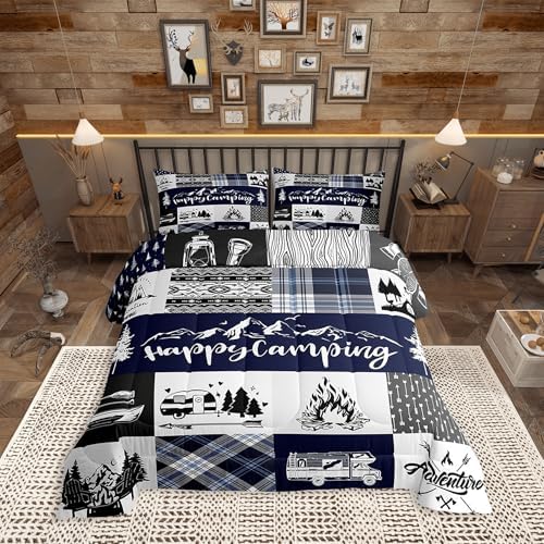 Camping Adventure Comforter Set King Size,RV Camper Accessories for Travel Trailers Bedding Set All Season Quilt Set,Rustic Blue Plaid Boho Aztec Exotic Microfiber Polyester Down Comforter by CastleFairy