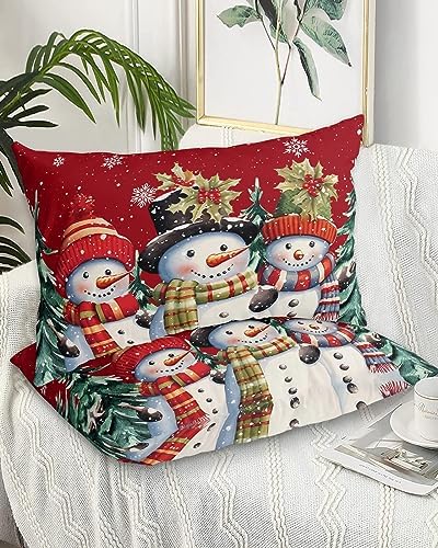 Red Snowman Christmas Pillow Cases Standard Size Set of 2, Xmas Tree Berry Microfiber Bed Throw Pillow Covers, Winter Snowflake Decorative Lumbar Pillow Cover with Envelope Closure for Sofa 20"x26" by DecorLovee