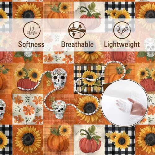 BlessLiving Fall King Size Quilt Set: Soft Microfiber Lightweight Skeleton Pumpkin Grid Pattern Quilt Set 3 Piece Autumn Bedspread Coverlet for Halloween Bedroom Living Room Decor - Image 5