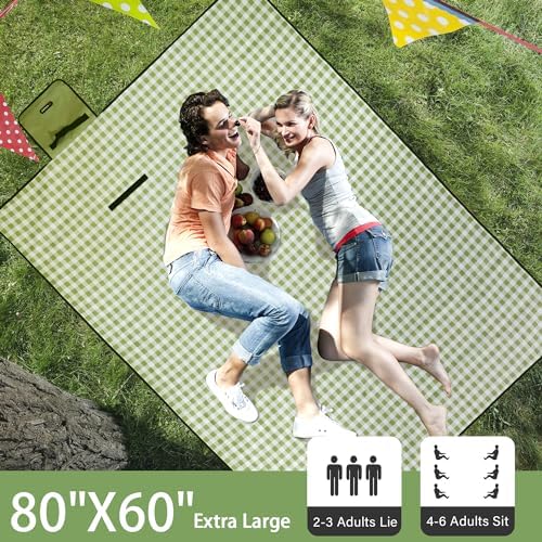 HX&OD Picnic Blanket Outdoor Extra Large Picnic Mat 80"X60" Camping Blanket Beach Blanket Foldable Waterproof Sand Mat Hiking Travel Family Concerts(Green) (Pack of 2) - Image 2