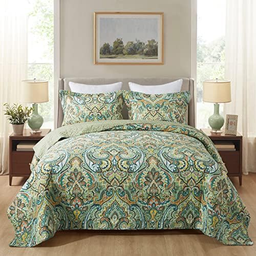 NEWLAKE Cotton Bedspread Quilt Sets-Reversible Patchwork Coverlet Set, European Green Floral Pattern, Queen Size by NEWLAKE