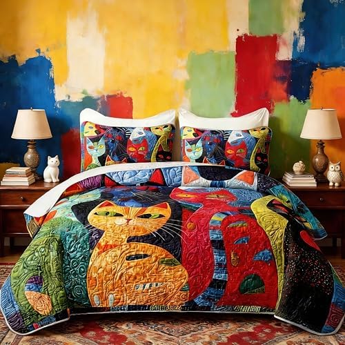 HOSIMA Plaid Patchwork Colorful Cat Quilt King Size with 2 Pillowcases. by HOSIMA