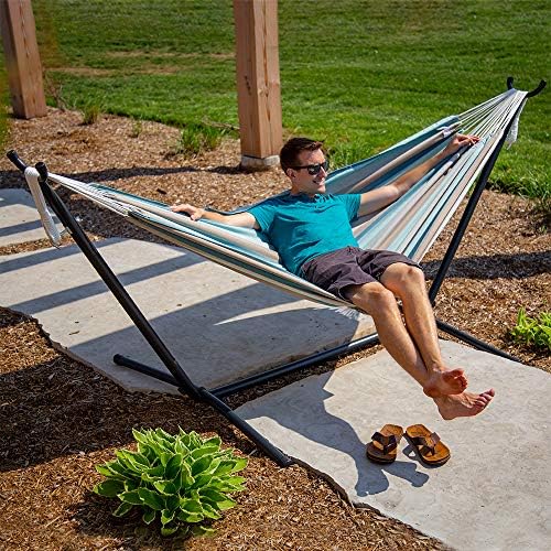 Vivere Double Sunbrella Hammock with Space-Saving Steel Stand and Premium Carry Bag - 450 lb Weight Capacity (Gateway Mist) - Image 3