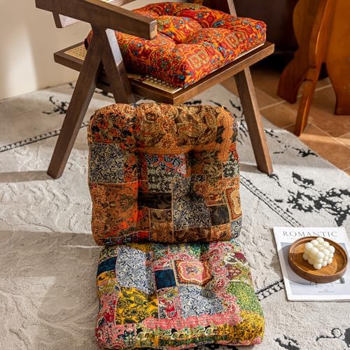 vctops 2 Pack Boho Paisley Chair Cushions with Ties Patchwork U-Shaped Soft Cozy Cotton Linen Chair Pads Non Slip Seat Cushions for Indoor Dining Room and Kitchen Chairs (Tan,18"x18") - Image 6