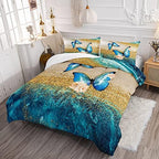 HOSIMA Butterfly Comforter Set with 2 Pillow Sham, Blue Floral Comforter - Queen Size for Kids and Women, Golden Vintage Pattern Bedding Set - Image 2
