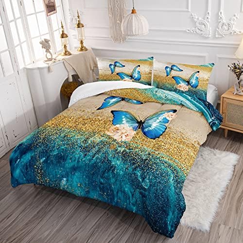 HOSIMA Butterfly Comforter Set with 2 Pillow Sham, Blue Floral Comforter - Queen Size for Kids and Women, Golden Vintage Pattern Bedding Set - Image 2